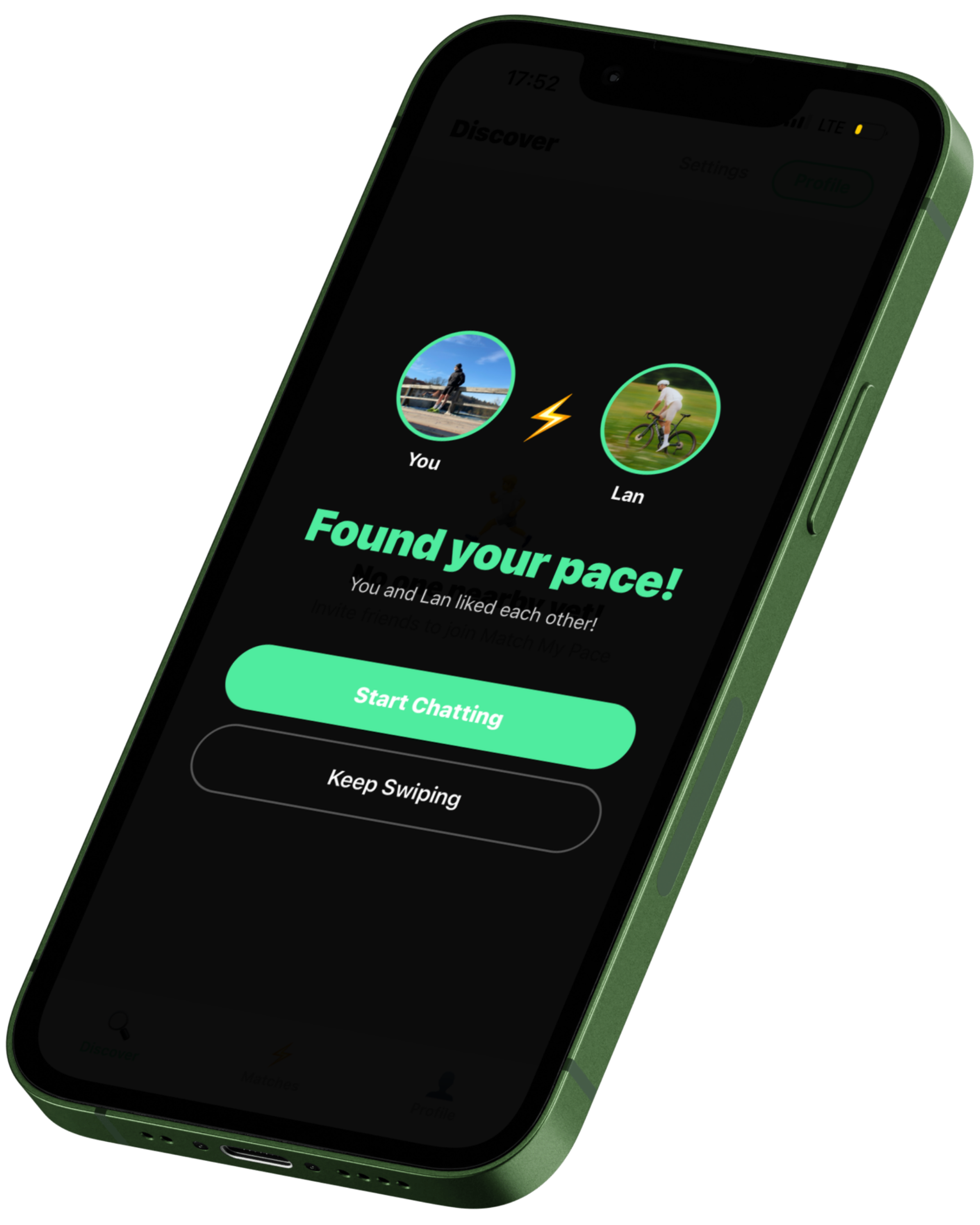 Match My Pace phone mockup showing a match screen